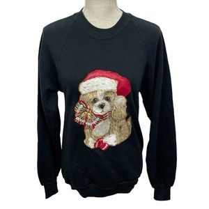 Vintage Jerzees Christmas Sweatshirt Cocker Spaniel Puppy Womens Sz M Black EUC